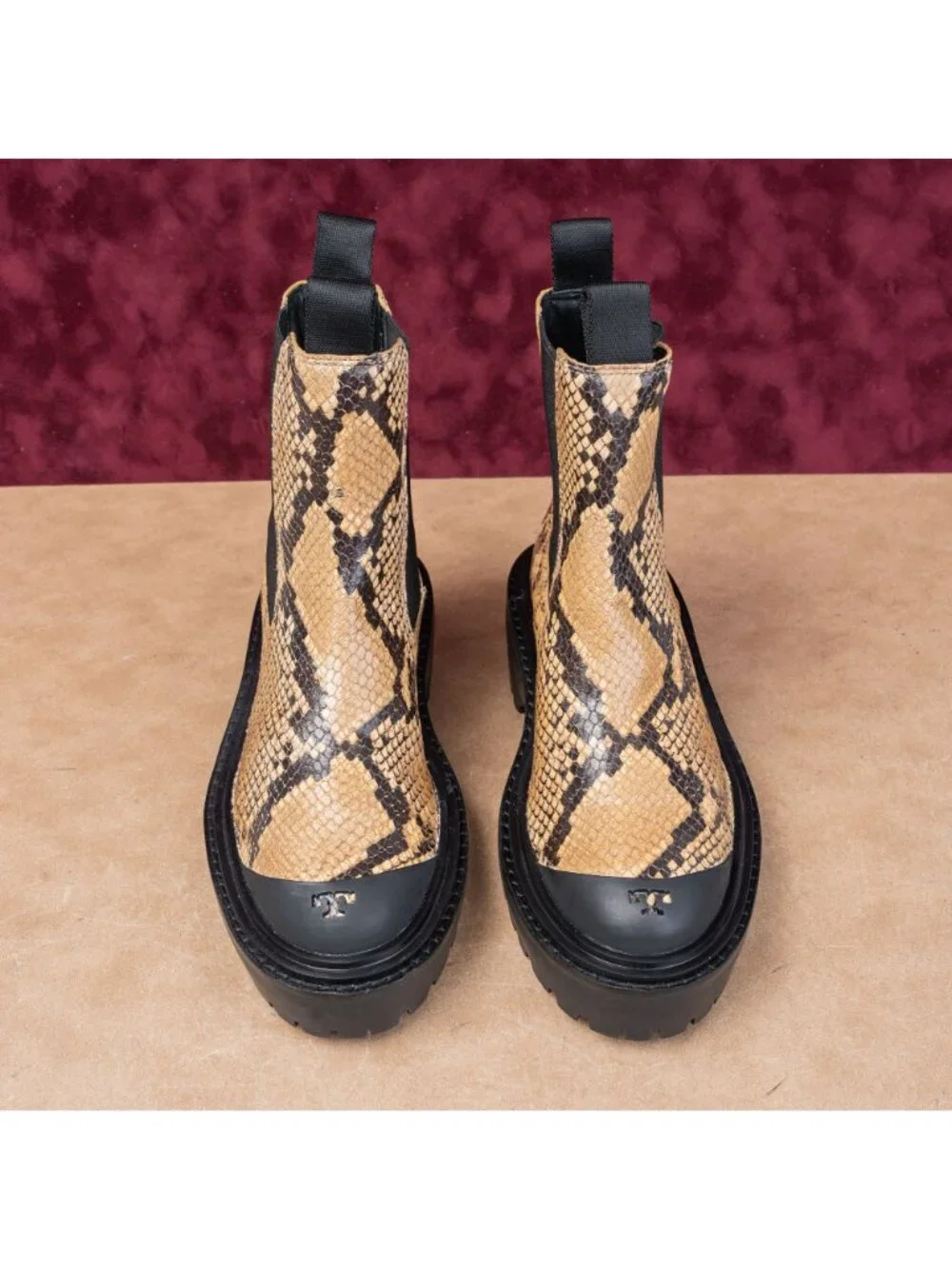 Tory Burch Woman Snakeskin Print T Logo Fashion Retro Leather Bootie Boots 6.5